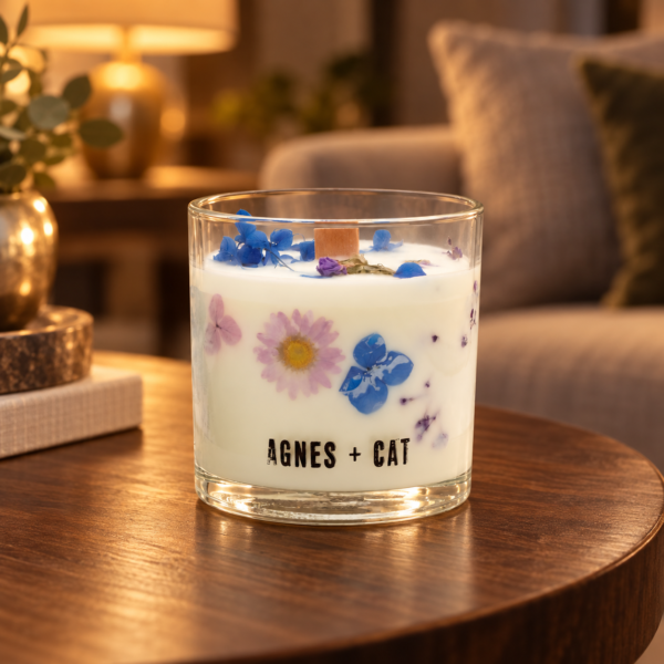 Agnes + Cat Botanical Sojawachskerze Moorland mit Trockenblüten im Glas auf einem Holztisch im Wohnzimmer