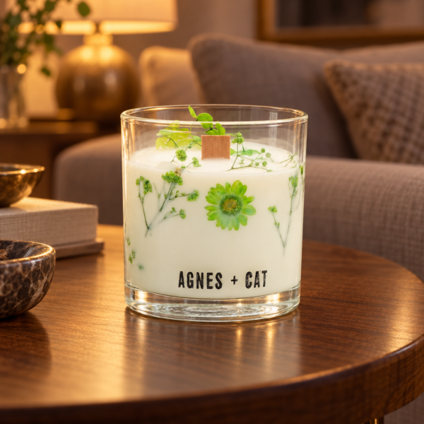 Agnes + Cat Botanical Sojawachskerze Fellberry mit Trockenblüten im Glas auf einem Holztisch im Wohnzimmer