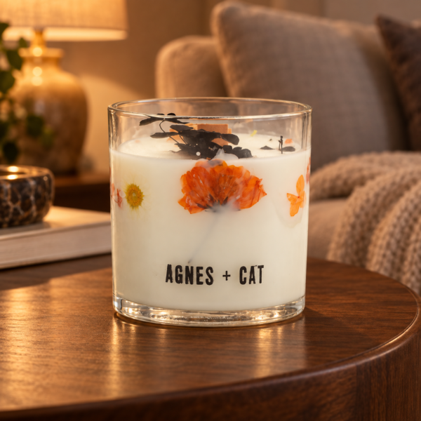 Agnes + Cat Botanical Sojawachskerze Lakeland Mocha mit Trockenblüten im Glas auf einem Holztisch im Wohnzimmer