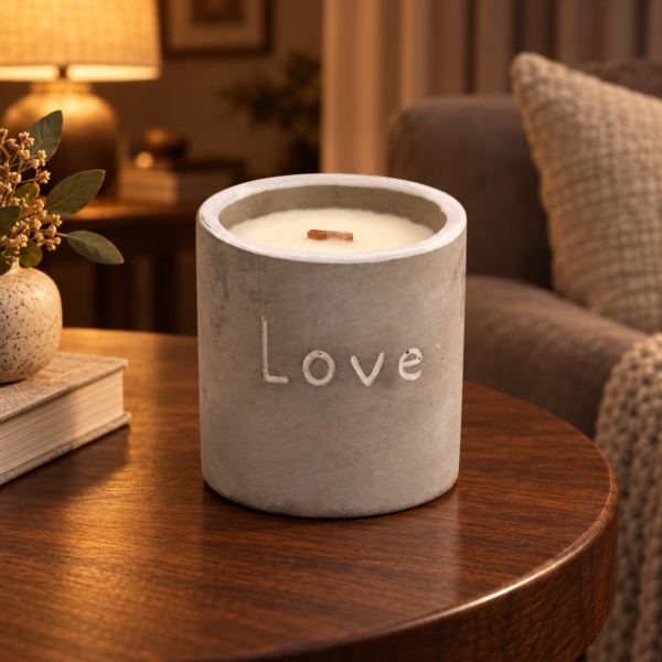 Graue Beton-Duftkerze Love mit Holzdocht und Feige-Cassis-Duft auf einem Holztisch im warmen Wohnzimmer