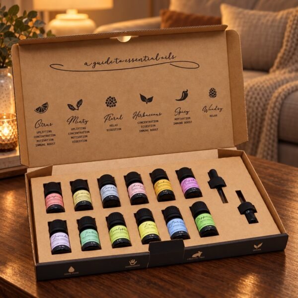 Geöffnetes Aromatherapie-Duftset Starter mit zwölf Ölflaschen und zwei Pipetten auf einem Holztisch in einer warm beleuchteten Wohnszene