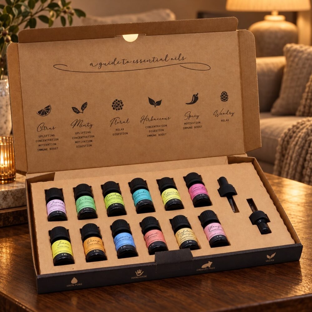 Geöffnetes Aromatherapie-Duftset Top 12 mit zwölf Ölflaschen und zwei Pipetten auf einem Holztisch in einer warm beleuchteten Wohnszene