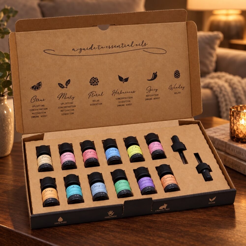 Geöffnetes Aromatherapie-Duftset Herbst mit zwölf Ölflaschen und zwei Pipetten auf einem Holztisch in einer warm beleuchteten Wohnszene