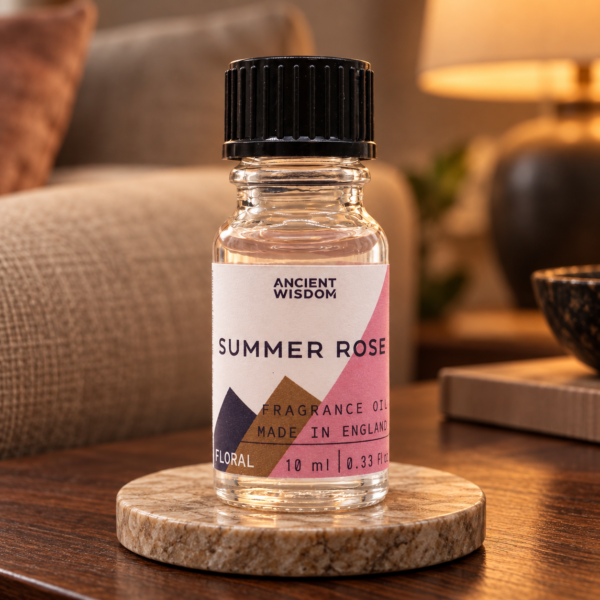 Duftöl Sommerrose – 10 ml in einer warm beleuchteten Wohnszene