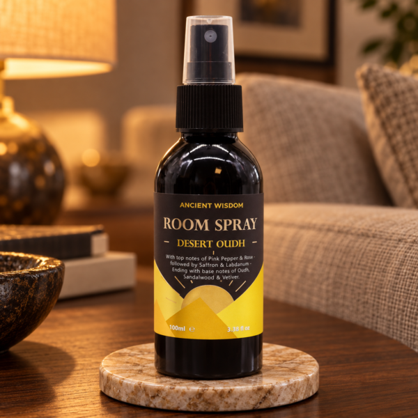 Oud-Raumspray Wüsten-Oud – 100 ml in einer warm beleuchteten Wohnszene