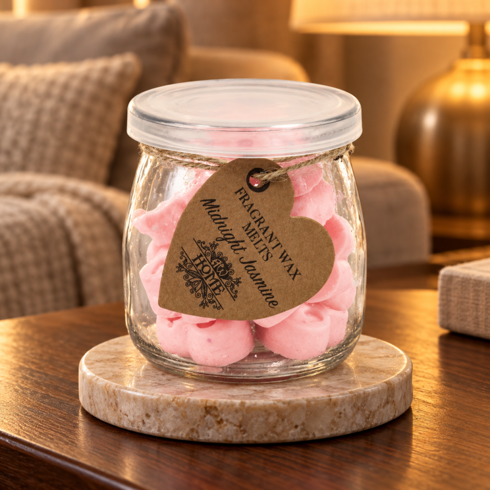 Wax Melts Mitternachtsjasmin – 16 Duftwachsherzen im Glas in einer warm beleuchteten Wohnszene