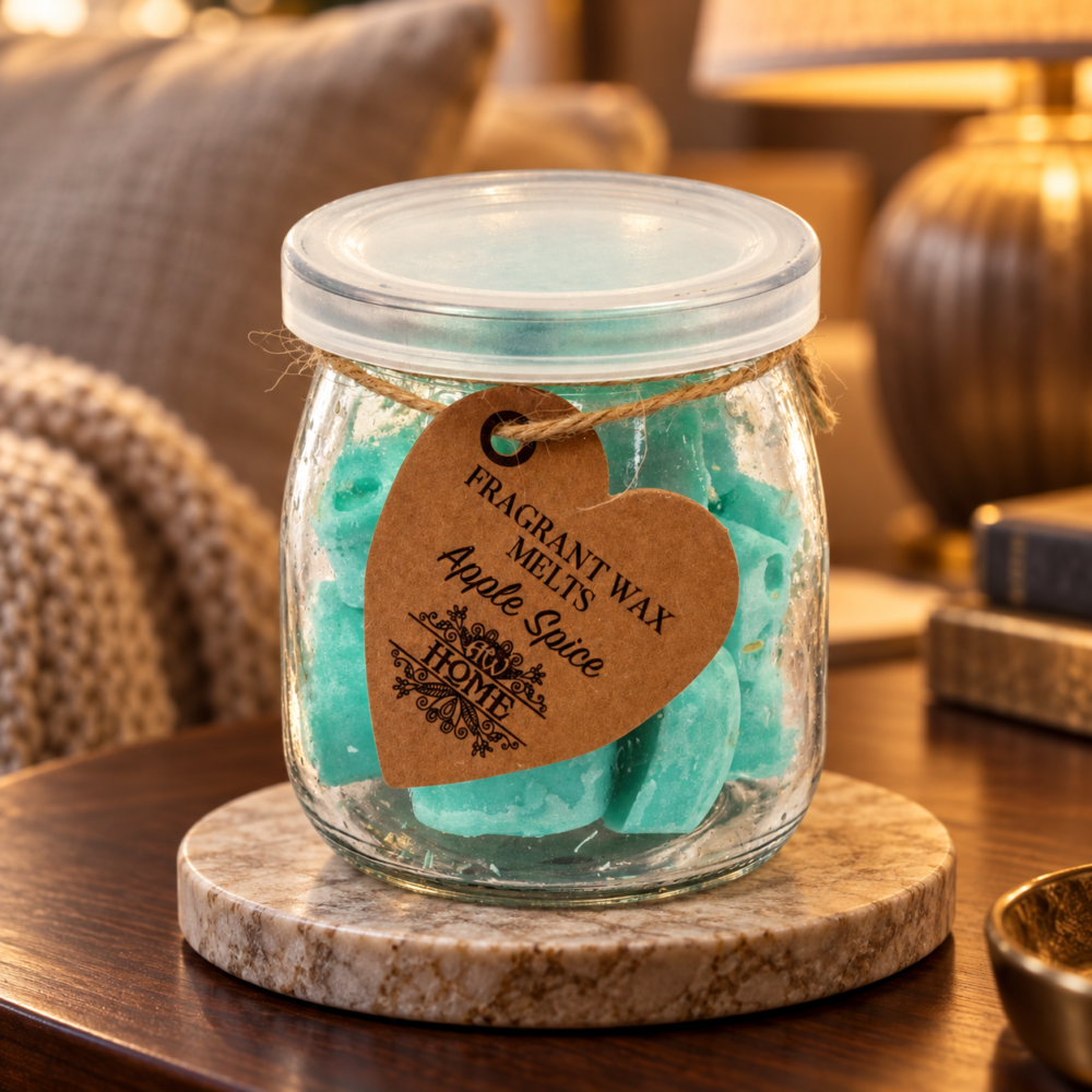 Wax Melts Apfel & Gewürze – 16 Duftwachsherzen im Glas in einer warm beleuchteten Wohnszene