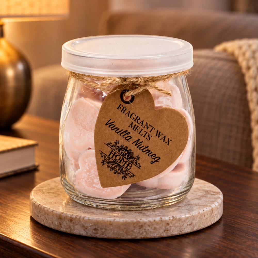Wax Melts Vanille & Muskatnuss – 16 Duftwachsherzen im Glas in einer warm beleuchteten Wohnszene