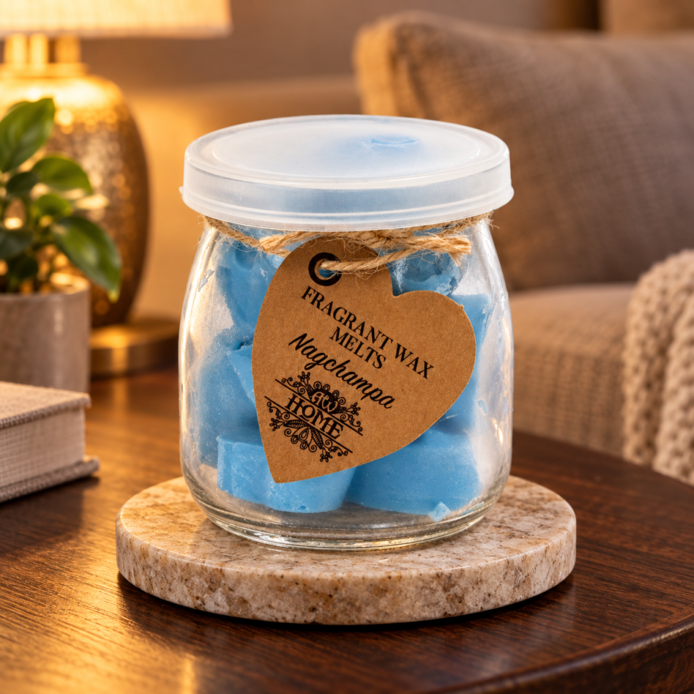 Wax Melts Nag Champa – 16 Duftwachsherzen im Glas in einer warm beleuchteten Wohnszene
