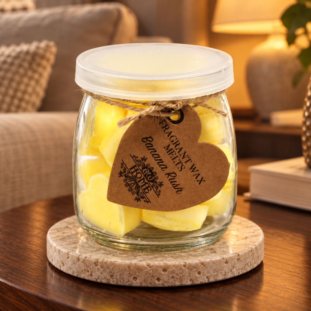 Wax Melts Bananenduft – 16 Duftwachsherzen im Glas in einer warm beleuchteten Wohnszene