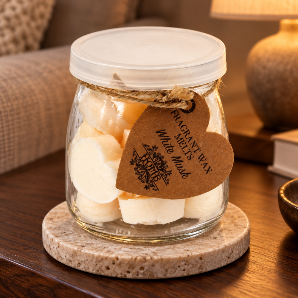 Wax Melts Weißer Moschus – 16 Duftwachsherzen im Glas in einer warm beleuchteten Wohnszene