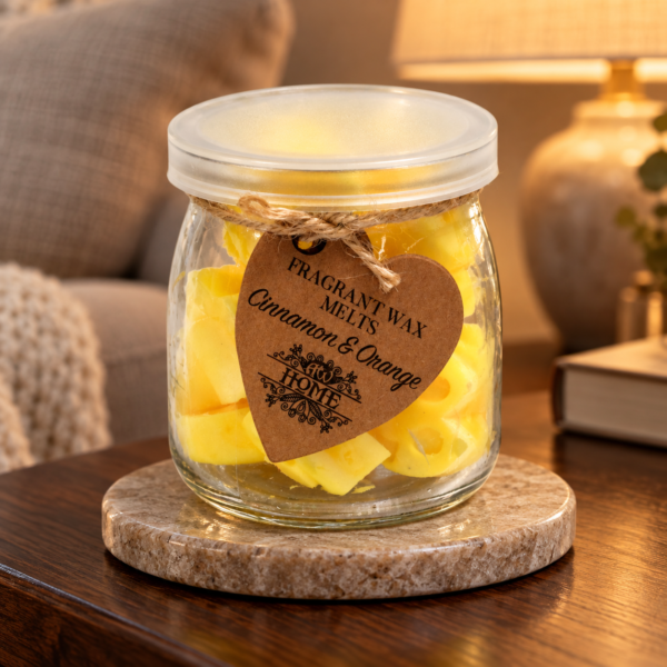 Wax Melts Zimt & Orange – 16 Duftwachsherzen im Glas in einer warm beleuchteten Wohnszene