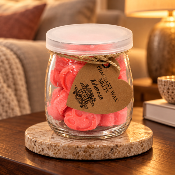 Wax Melts Tuberose – 16 Duftwachsherzen im Glas in einer warm beleuchteten Wohnszene