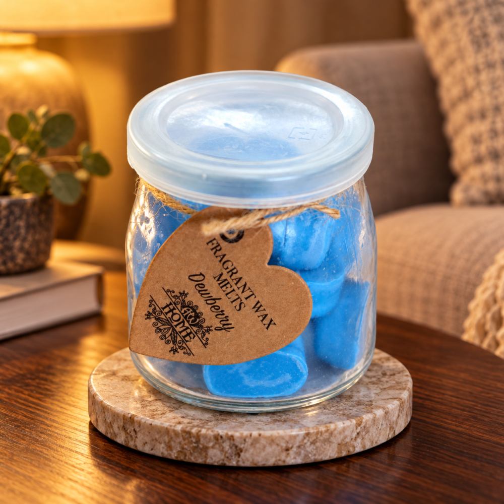 Wax Melts Kratzbeere – 16 Duftwachsherzen im Glas in einer warm beleuchteten Wohnszene