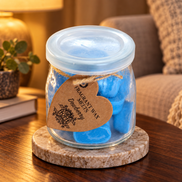 Wax Melts Kratzbeere – 16 Duftwachsherzen im Glas in einer warm beleuchteten Wohnszene