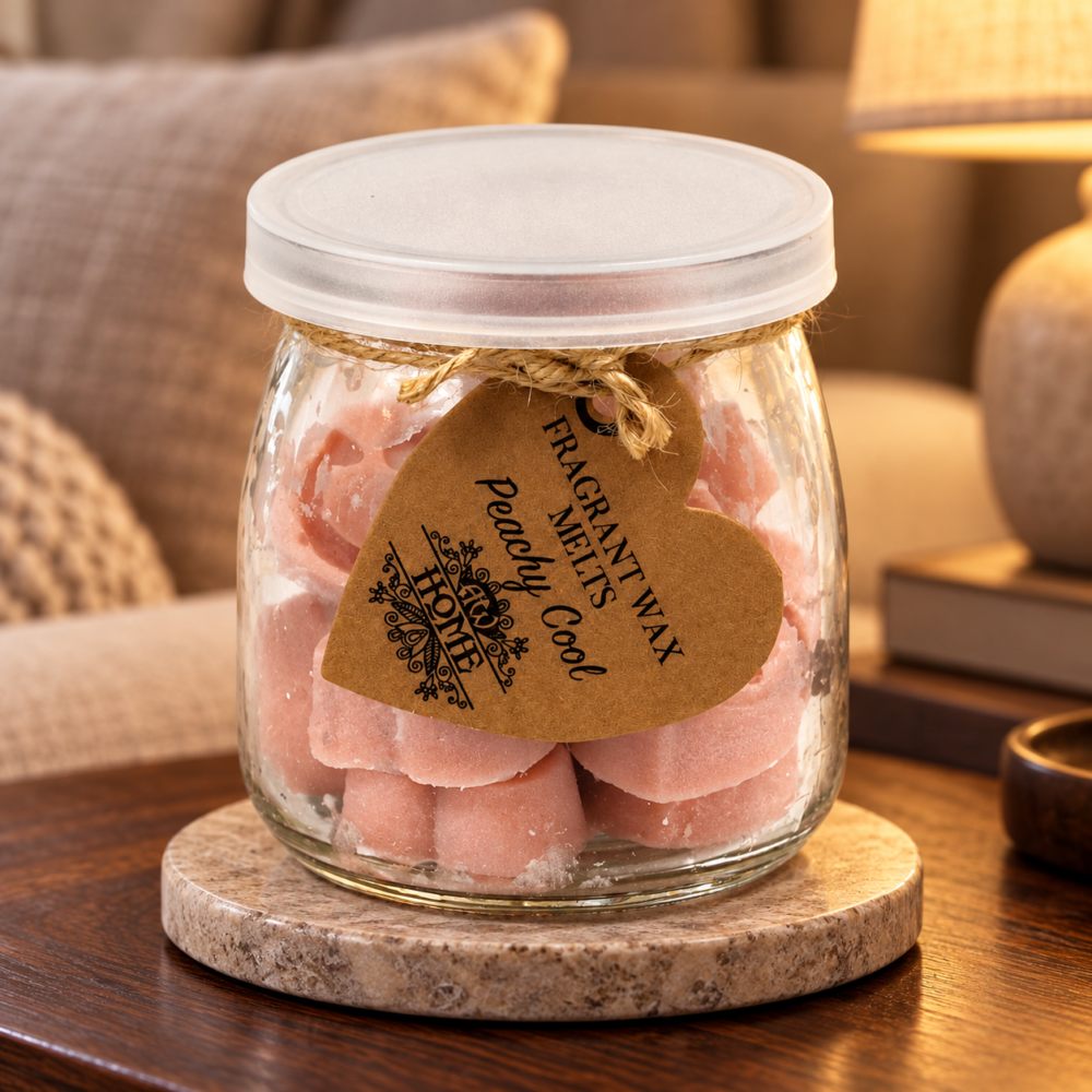 Wax Melts Peachy Cool – 16 Duftwachsherzen im Glas in einer warm beleuchteten Wohnszene