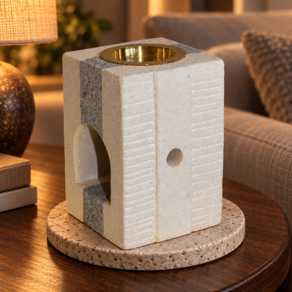 Sandstein-Duftlampe – Combo Square in einer warm beleuchteten Wohnszene