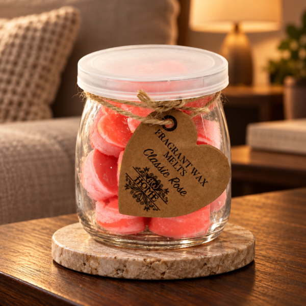 Wax Melts Klassische Rose – 16 Duftwachsherzen im Glas in einer warm beleuchteten Wohnszene