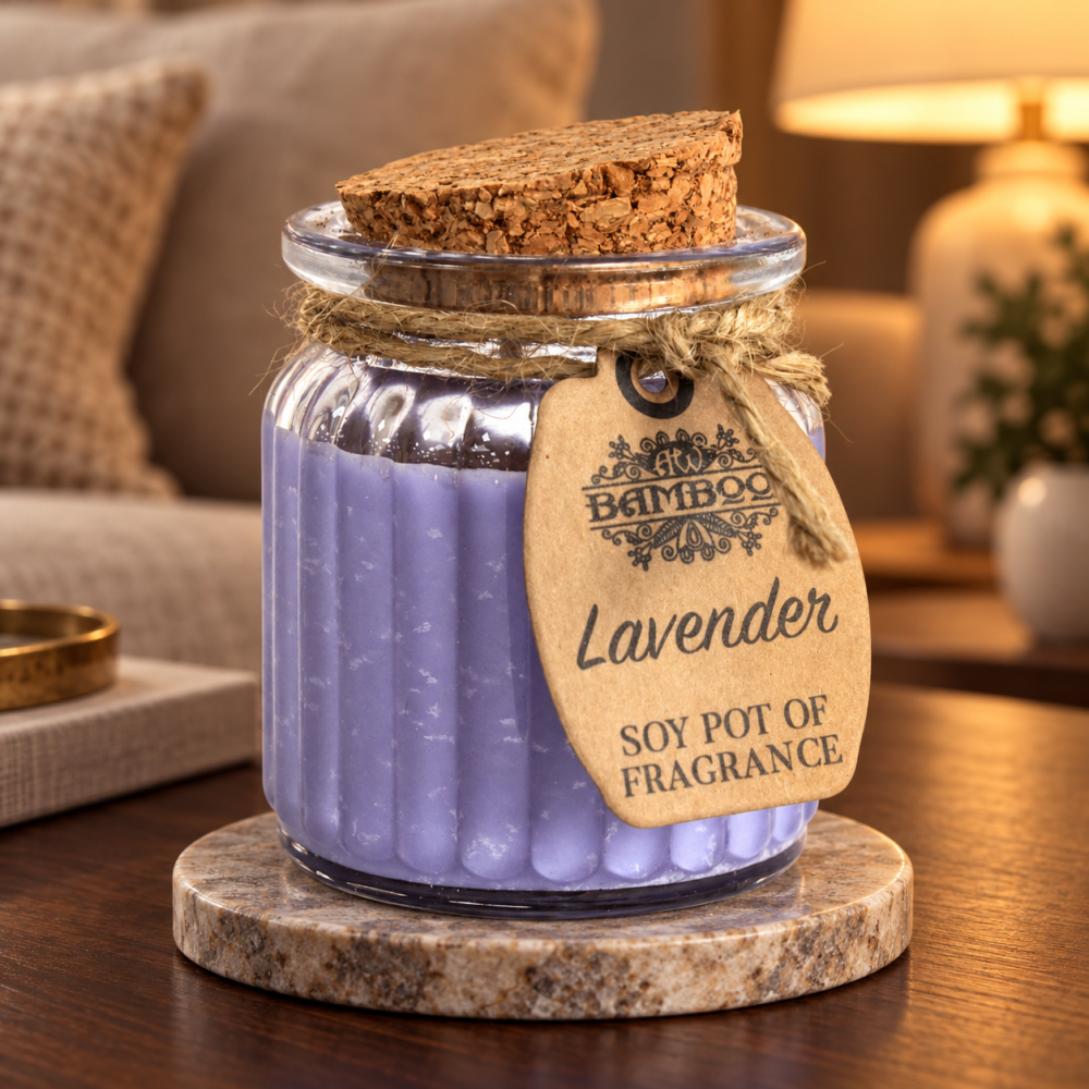 Sojawachs-Duftkerze im Topf – Lavendel in einer warm beleuchteten Wohnszene