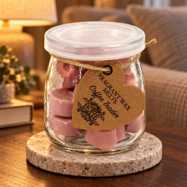 Wax Melts Coffee Trader – 16 Duftwachsherzen im Glas in einer warm beleuchteten Wohnszene