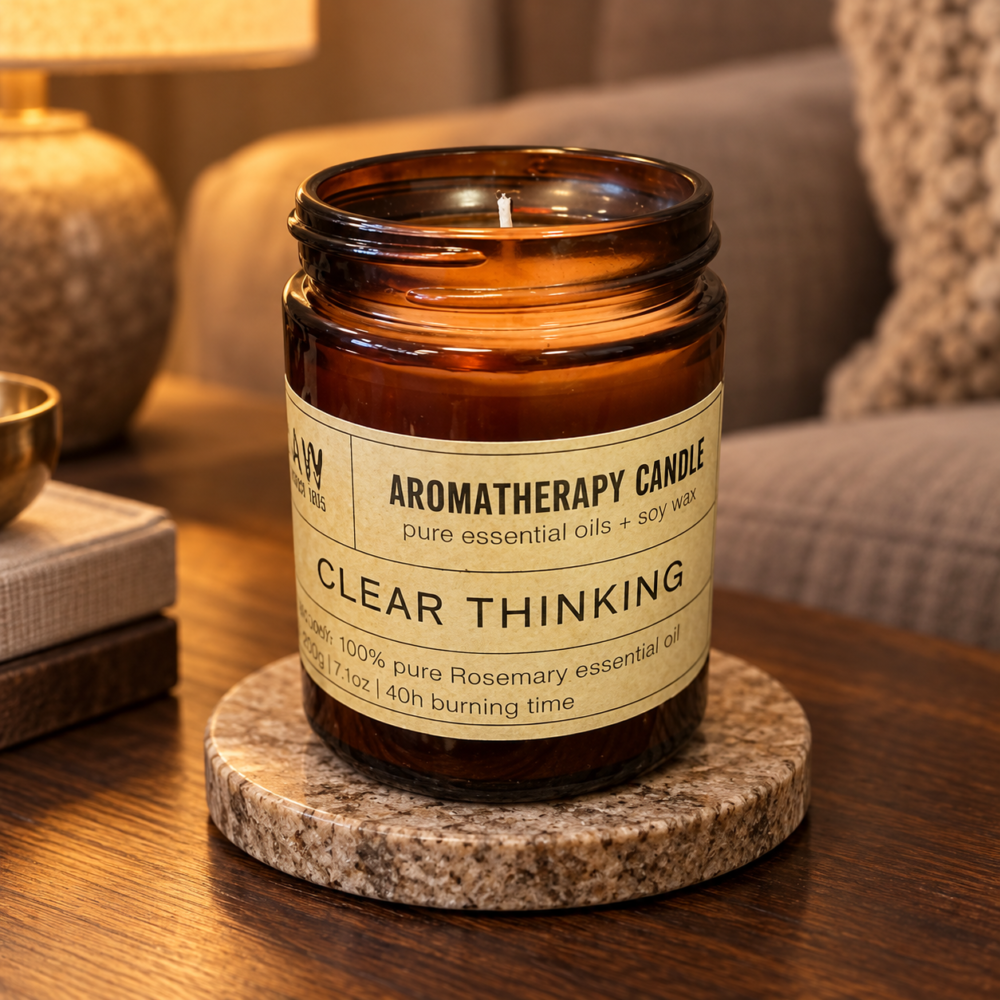 Aromakerze aus Sojawachs – Clear Thinking – Rosmarin, 200 g in einer warm beleuchteten Wohnszene