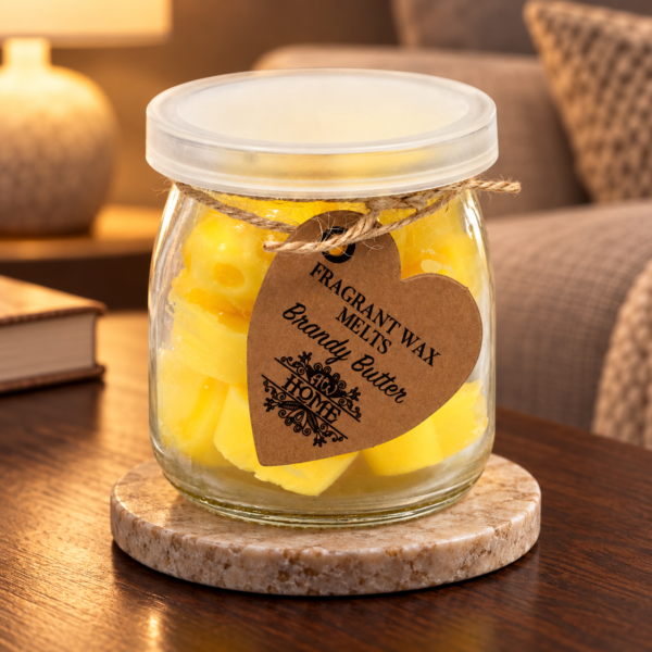 Wax Melts Brandy Butter – 16 Duftwachsherzen im Glas in einer warm beleuchteten Wohnszene