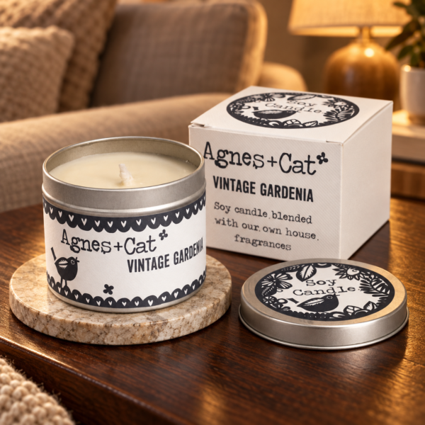 Sojawachskerze in der Dose – Vintage Gardenia in einer warm beleuchteten Wohnszene