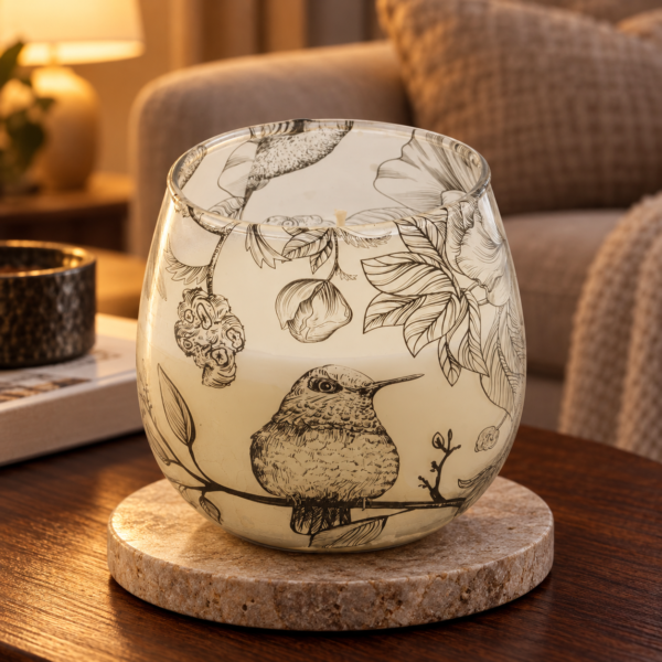 Kerze im Dekorglas Drawn by Flame – Klein in einer warm beleuchteten Wohnszene
