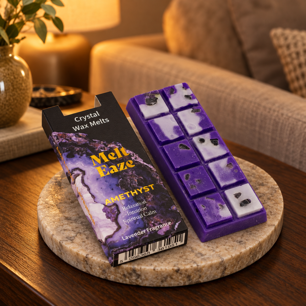 MeltEaze Wax Melts Amethyst Dream – Lavendel, 50 g in einer warm beleuchteten Wohnszene