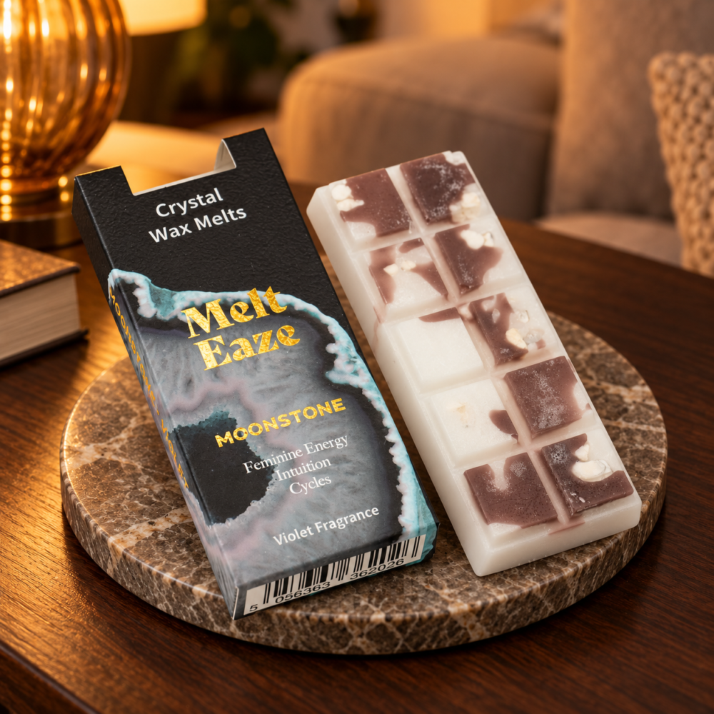 MeltEaze Wax Melts Moonstone Glow – Veilchen, 50 g in einer warm beleuchteten Wohnszene