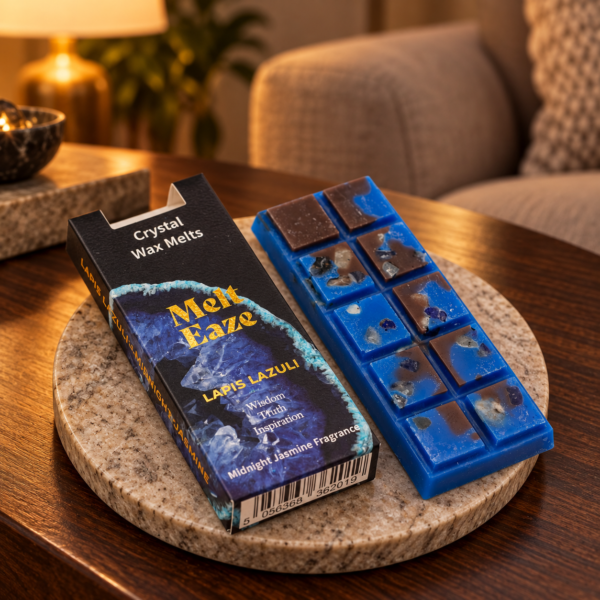 MeltEaze Wax Melts Lapis Night – Mitternachtsjasmin, 50 g in einer warm beleuchteten Wohnszene