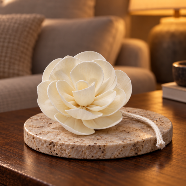Diffuserblüten aus Sola-Holz – Großer Lotus an Schnur, 4er-Set in einer warm beleuchteten Wohnszene