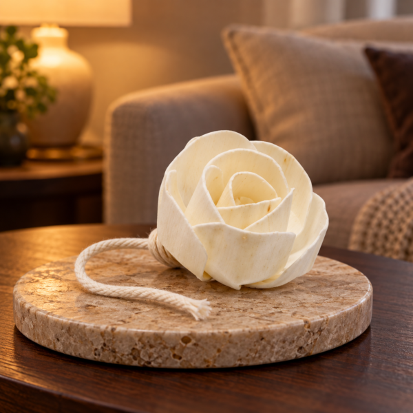 Diffuserblüten aus Sola-Holz – Große Rose an Schnur, 4er-Set in einer warm beleuchteten Wohnszene