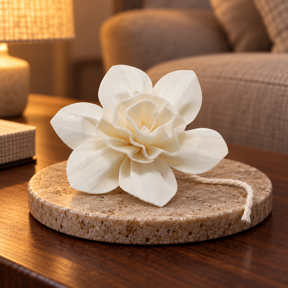 Diffuserblüten aus Sola-Holz – Große Lilie an Schnur, 4er-Set in einer warm beleuchteten Wohnszene
