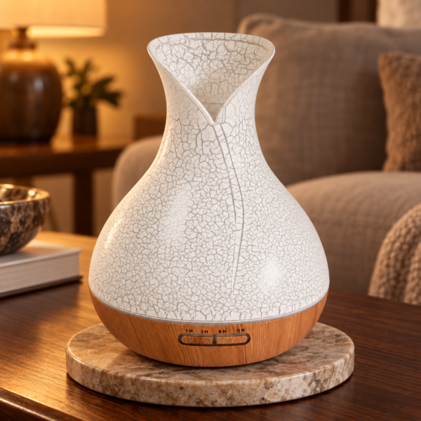 Palma Aroma-Diffuser mit Muscheloptik und Timer in einer warm beleuchteten Wohnszene