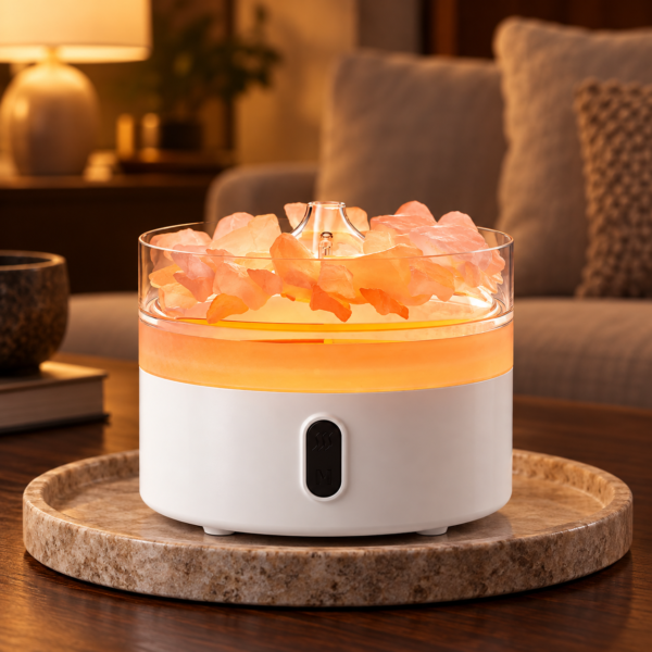 Himalaya-Salz Aroma-Diffuser mit Nachtlicht und Flammeneffekt in einer warm beleuchteten Wohnszene