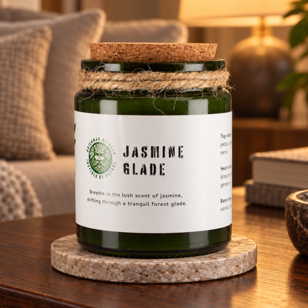 Greenman Sojawachskerze mit Holzdocht – Jasminlichtung in einer warm beleuchteten Wohnszene