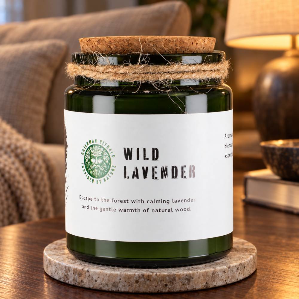 Greenman Sojawachskerze mit Holzdocht – Wilder Lavendel in einer warm beleuchteten Wohnszene