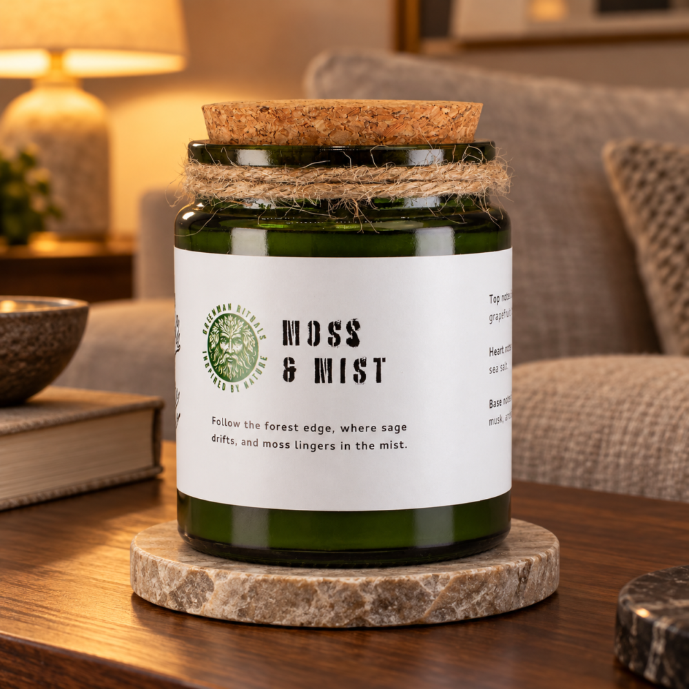 Greenman Sojawachskerze mit Holzdocht – Moos & Nebel in einer warm beleuchteten Wohnszene