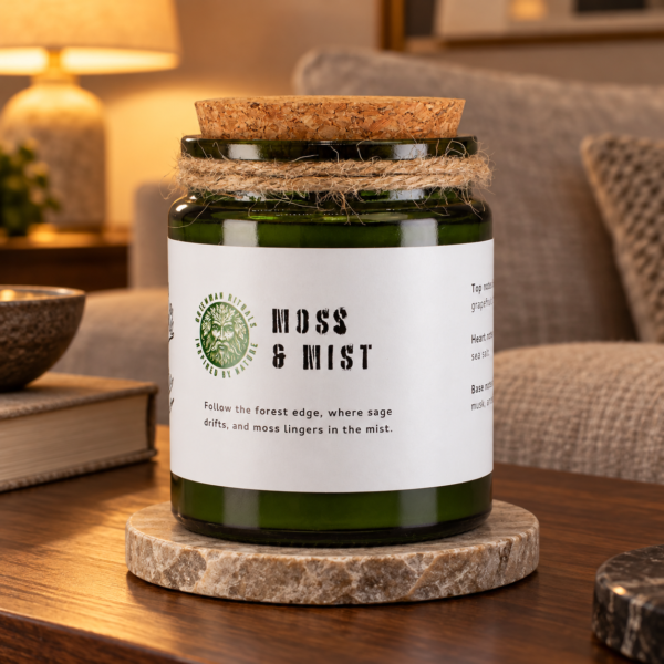Greenman Sojawachskerze mit Holzdocht – Moos & Nebel in einer warm beleuchteten Wohnszene