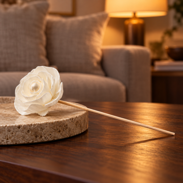 Diffuserblüten aus Sola-Holz – Rose am Stab, 4er-Set in einer warm beleuchteten Wohnszene