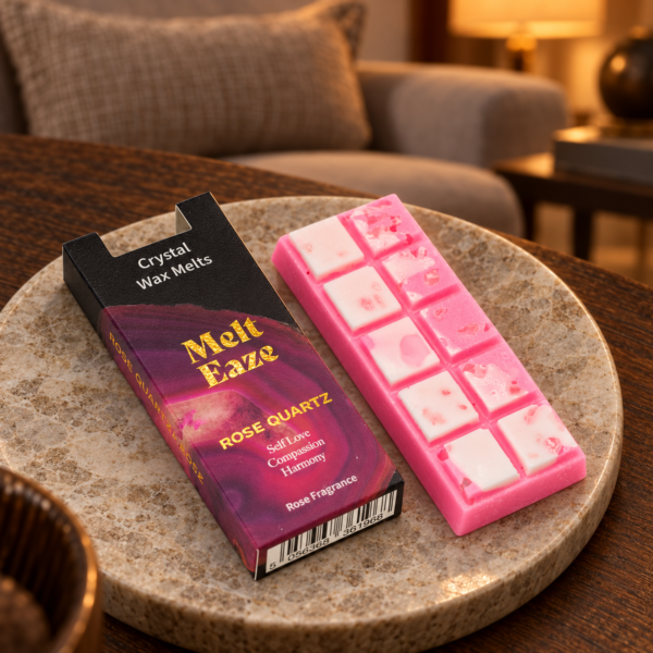 MeltEaze Wax Melts Rose Quartz Love – Rose, 50 g in einer warm beleuchteten Wohnszene