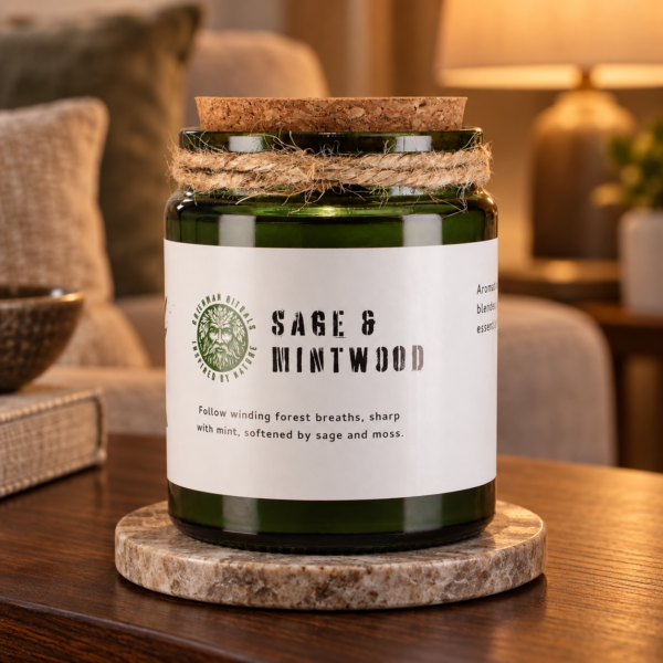 Greenman Sojawachskerze mit Holzdocht – Salbei & Minzholz in einer warm beleuchteten Wohnszene