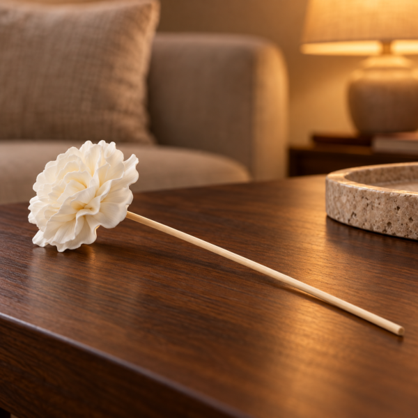 Diffuserblüten aus Sola-Holz – Nelke am Stab, 4er-Set in einer warm beleuchteten Wohnszene