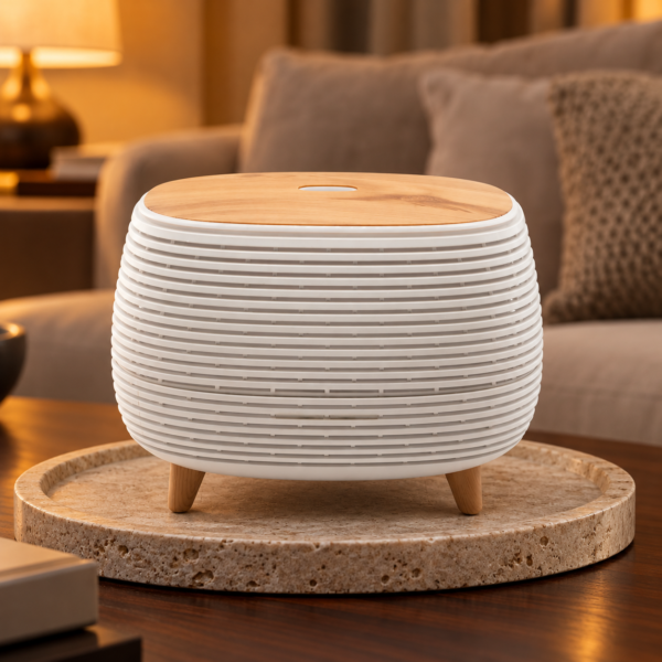 Gerippter Aroma-Diffuser mit Farbwechsel in einer warm beleuchteten Wohnszene
