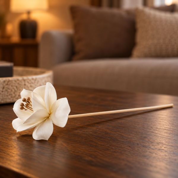 Diffuserblüten aus Sola-Holz – Lilie am Stab, 4er-Set in einer warm beleuchteten Wohnszene