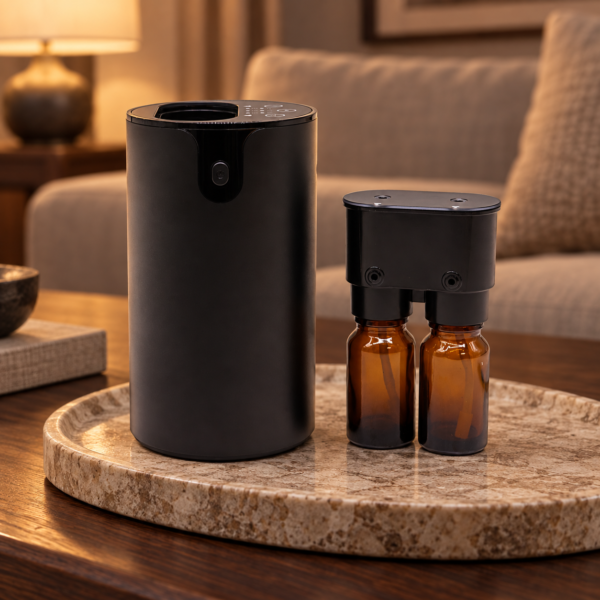 Doppelter wasserloser Aroma-Vernebler mit USB-C in einer warm beleuchteten Wohnszene