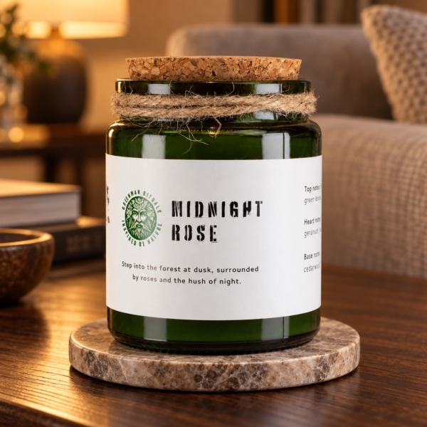 Greenman Sojawachskerze mit Holzdocht – Mitternachtsrose in einer warm beleuchteten Wohnszene