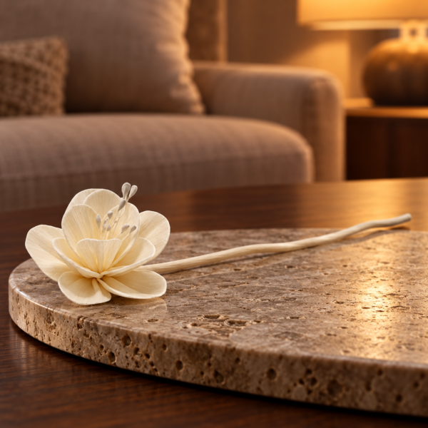 Diffuserblüten aus Sola-Holz – Kleine Lilie an Schnur, 4er-Set in einer warm beleuchteten Wohnszene