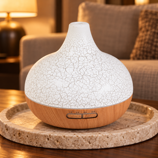 Santorini Aroma-Diffuser mit Muscheloptik und Farbwechsel in einer warm beleuchteten Wohnszene